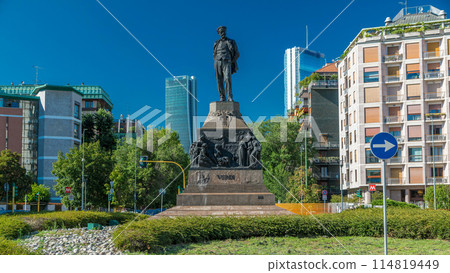 Statue of Giuseppe Verdi, in the front of Casa Verdi timelapse Milan, Italy 114819449