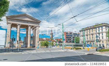 Street view on Ticinese city gate and tram timelapse in Milan. Street view on Ticinese city gate and tram timelapse in Milan. 114819451