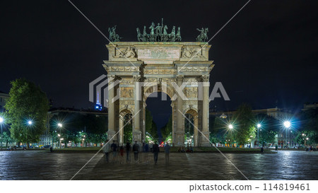 Arch of Peace in Simplon Square timelapse hyperlapse at night. It is a neoclassical triumph arch 114819461