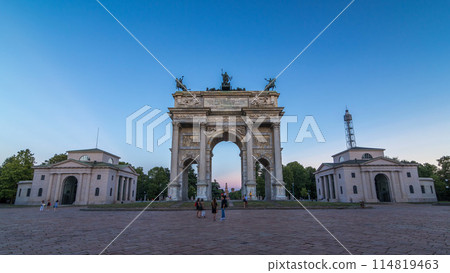 Arch of Peace in Simplon Square day to night timelapse. It is a neoclassical triumph arch 114819463