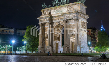 Arch of Peace in Simplon Square timelapse at night. It is a neoclassical triumph arch 114819464