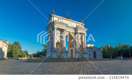 Arch of Peace in Simplon Square timelapse hyperlapse. It is a neoclassical triumph arch 114819470