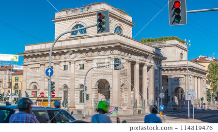 A street view of beautiful historic landmark - Porta Venezia timelapse 114819476