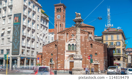 Church of San Babila timelapse and the column with lion on the top on Avenue Buenos Aires in Milan 114819479