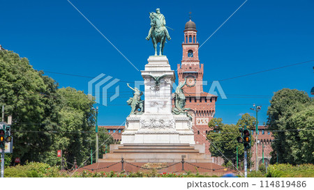 Giuseppe Garibaldi monument and tower of the Sforza Castle - Castello Sforzesco timelapse, Milan, Italy Giuseppe Garibaldi monument and tower of the Sforza Castle - Castello Sforzesco timelapse, Milan, Italy 114819486