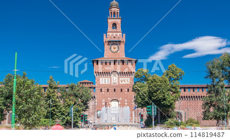 Main entrance to the Sforza Castle - Castello Sforzesco and fountain in front of it timelapse, Milan, Italy 114819487