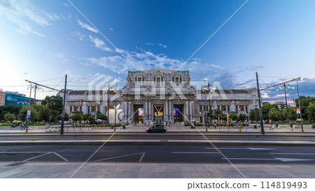 Milano Centrale day to night timelapse in Piazza Duca d'Aosta is the main railway station of the city of Milan in Italy. 114819493