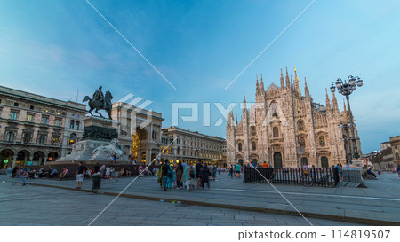 Milan Cathedral day to night timelapse Duomo di Milano is the gothic cathedral church of Milan, Italy. 114819507
