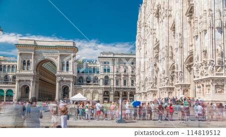 Cathedral Duomo di Milano and Vittorio Emanuele gallery timelapse in Square Piazza Duomo, Milan, Italy. Cathedral Duomo di Milano and Vittorio Emanuele gallery timelapse in Square Piazza Duomo, Milan, Italy. 114819512