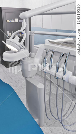 Close-up vertical shot of modern dentist equipment and tools in empty interior clean dental clinic office. Minimalistic dentistry operating surgery room. With no people 3D illustration from my render. Close-up vertical shot of modern dentist equipment and tools in empty interior clean dental clinic office. Minimalistic dentistry operating surgery room. With no people 3D illustration from my render. 114819530