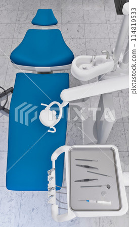 Top view of empty dentist workplace - dental unit, comfortable chair and tools in bright medical clinic office interior. Dentistry surgery room with modern equipment 3D illustration from my rendering. 114819533