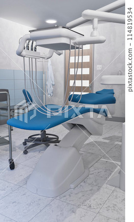 Bright dentist clinic interior with empty dental unit - comfortable chair and medical tools. Dentistry operating surgery room with modern equipment. With no people 3D illustration from my own render. 114819534