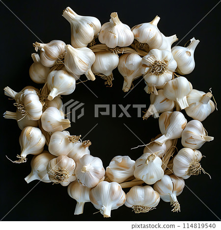 Wreath frame of garlic heads on a black background, free space for text, for advertising and decoration of vegetable products, design element 114819540