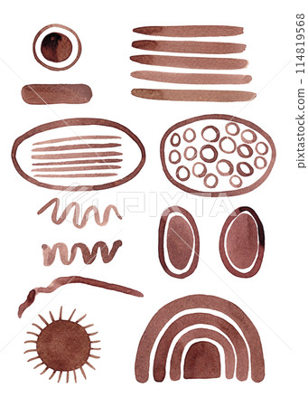 Clipart of abstract shapes and symbols with watercolor brush. Brown paint. Isolated elements for your design 114819568