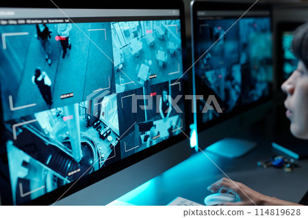 Monitors with cctv video on screens 114819628