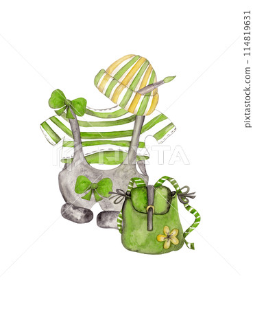 Back to school. Summer holidays. Trendy student clothes. Fashionable cartoon style. Isolated watercolor illustration element Back to school. Summer holidays. Trendy student clothes. Fashionable cartoon style. Isolated watercolor illustration element 114819631