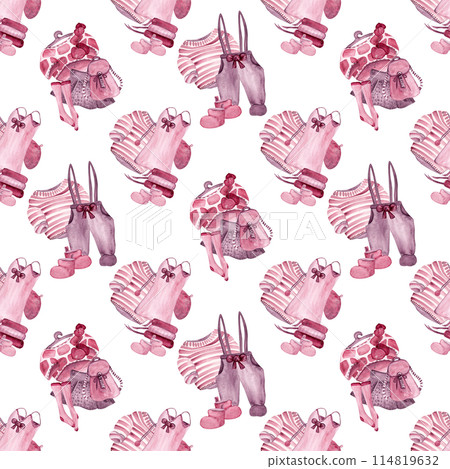 Back to school. Stylish look. Collection of fashionable clothes for girls. Artistic watercolor illustration. Seamless pattern, great design for any purpose Back to school. Stylish look. Collection of fashionable clothes for girls. Artistic watercolor illustration. Seamless pattern, great design for any purpose 114819632