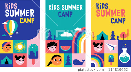 Kids Summer Camp concept design. Geometrical style colorful illustrations, icons. Banner, flyer 114819662