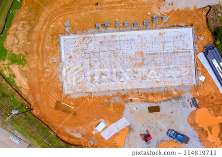 Reinforcement metal framework for concrete pouring is ready for filling up with concrete. 114819711