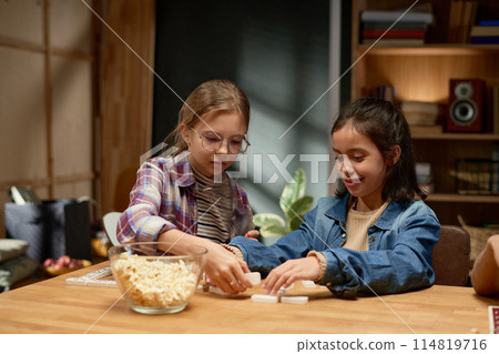 Two clever girls playing domino at home Two clever girls playing domino at home 114819716