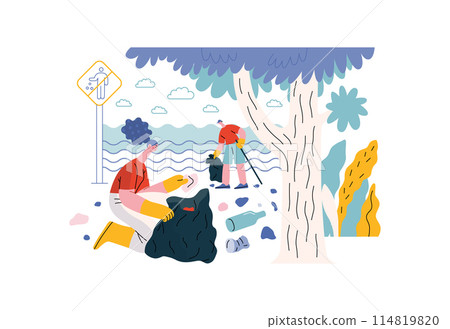 Mutual Support: Cleaning up trash, Garbage collection -modern flat vector concept illustration of people collecting trash on the beach A metaphor of voluntary, collaborative exchanges of resource 114819820