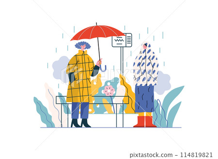 Mutual Support: Offer an umbrella to a stranger -modern flat vector concept illustration of a at a bus stop in the rain offering an umbrella A metaphor of voluntary, collaborative exchanges 114819821