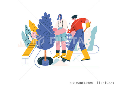 Mutual Support: Community yard improvement -modern flat vector concept illustration of people planting trees and plants A metaphor of voluntary, collaborative exchanges of resource, services 114819824