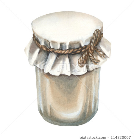 Universal glass jar with a paper lid for a variety of summer fruit jams. Watercolor illustration for design templates of sweet harvest, summer fruits, juices, canned food, marmalade and sweets Universal glass jar with a paper lid for a variety of summer fruit jams. Watercolor illustration for design templates of sweet harvest, summer fruits, juices, canned food, marmalade and sweets 114820007