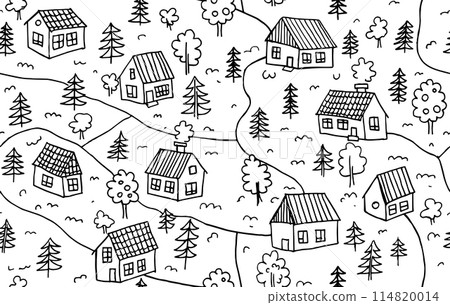 seamless pattern, village in doodle style. cute houses, linear vector drawing seamless pattern, village in doodle style. cute houses, linear vector drawing 114820014