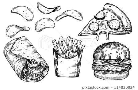 set of fast food products. pizza, burger, chips, fries. vector drawing in sketch style 114820024
