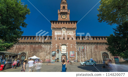 Main entrance to the Sforza Castle - Castello Sforzesco timelapse hyperlapse, Milan, Italy 114820077