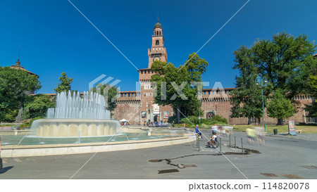 Main entrance to the Sforza Castle - Castello Sforzesco and fountain in front of it timelapse hyperlapse, Milan, Italy 114820078