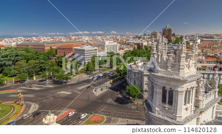 Aerial view of Cibeles fountain at Plaza de Cibeles in Madrid timelapse in a beautiful summer day, Spain Aerial view of Cibeles fountain at Plaza de Cibeles in Madrid timelapse in a beautiful summer day, Spain 114820128