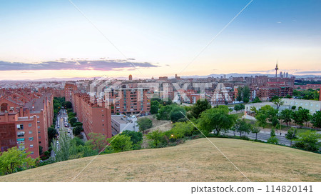 Panoramic day to night timelapse view of Madrid, Spain. Photo taken from the hills of Tio Pio Park, Vallecas-Neighborhood. 114820141