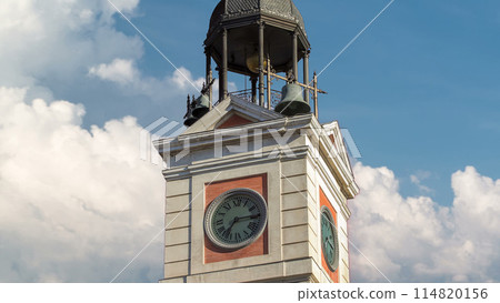 Watch tower on The Old Post Office building timelapse hyperlapse. Located in the Puerta del Sol. Madrid, Spain 114820156
