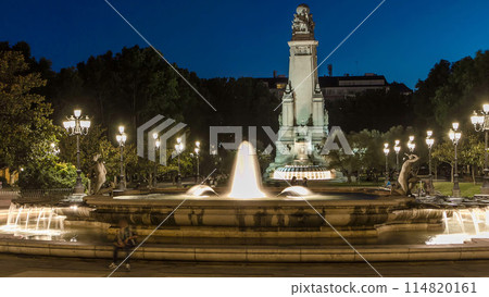 Cervantes monument timelapse on the Square of Spain in Madrid at night 114820161