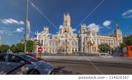 Cibeles fountain and traffic at Plaza de Cibeles in Madrid timelapse hyperlapse, Spain Cibeles fountain and traffic at Plaza de Cibeles in Madrid timelapse hyperlapse, Spain 114820167