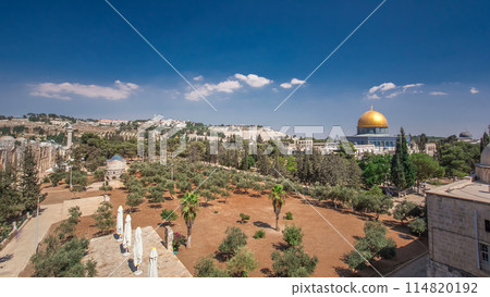 Garden area timelapse hyperlapse and view of the Dome of the Rock, in the historical center of the city 114820192