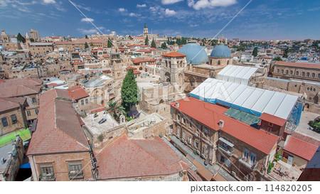 Skyline of the Old City in Jerusalem with historic buildings aerial timelapse, Israel. 114820205