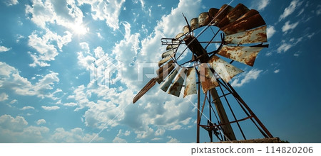 Historic Old Windmill Under Bright Blue Sky in a Peaceful Countryside Setting 114820206
