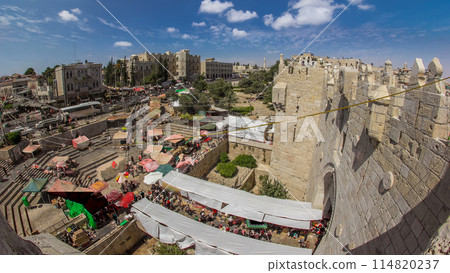 Aerial view from Damascus Gate or Shechem Gate timelapse, one of the gates to the Old City of Jerusalem, Israel Aerial view from Damascus Gate or Shechem Gate timelapse, one of the gates to the Old City of Jerusalem, Israel 114820237