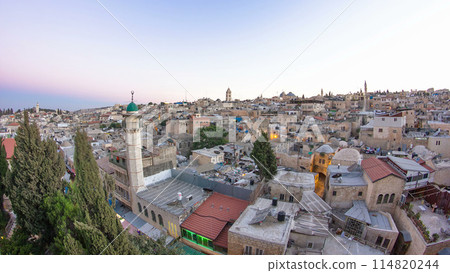 Skyline of the Old City in Jerusalem with historic buildings aerial timelapse, Israel. Skyline of the Old City in Jerusalem with historic buildings aerial timelapse, Israel. 114820244