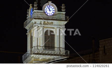 Church clock tower timelapse - Terra Santa High School in Old Jerusalem. Israel 114820261