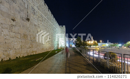 Walls of Ancient City at Night timelapse hyperlapse, Jerusalem, Israel 114820271