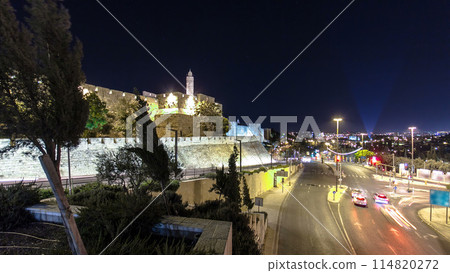 Traffic at Jaffa street and Tower of David at night timelapse hyperlapse. Jerusalem, Israel 114820272