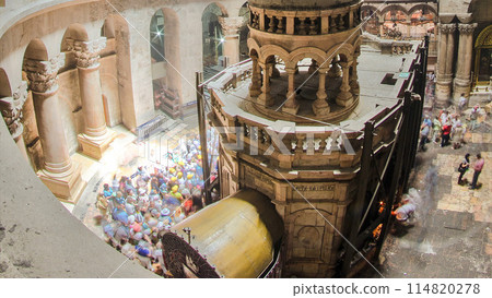 The Holy Sepulchre Church inside from top in Jerusalem timelapse. 114820278