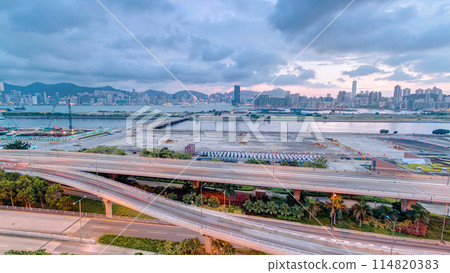 Hong Kong day to night, aerial view from kowloon bay downtown timelapse 114820383