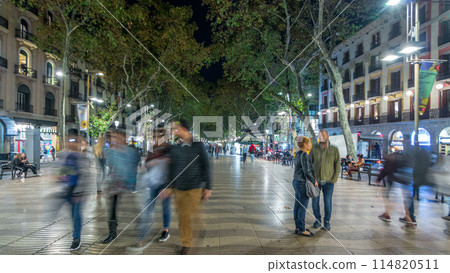 La Rambla street in Barcelona night timelapse hyperlapse, Spain. 114820511