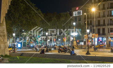 La Rambla street in Barcelona night timelapse, Spain. 114820520