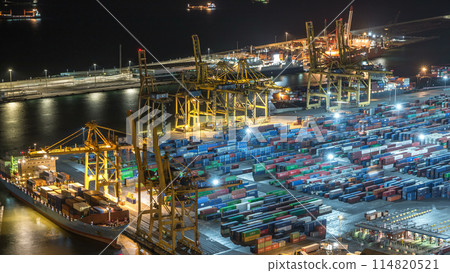 Seaport and loading docks at the port with cranes and multi-colored cargo containers night timelapse 114820521